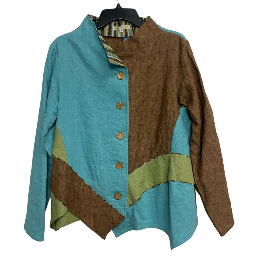 Linnea Women Handmade Color Block Button Jacket Small Blue Green Brown Lagenlook